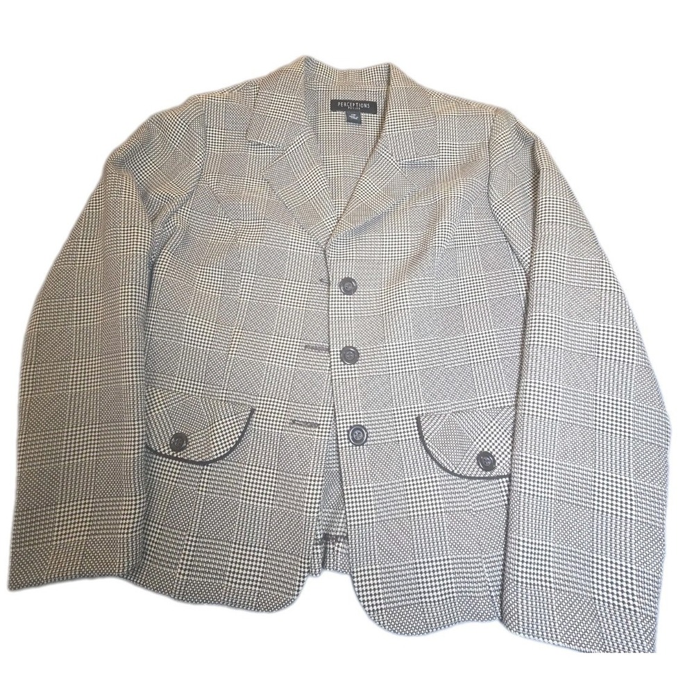 Perceptions Petite Blazer Jacket Womens 10P Gray Brown Houndstooth Plaid Suityf